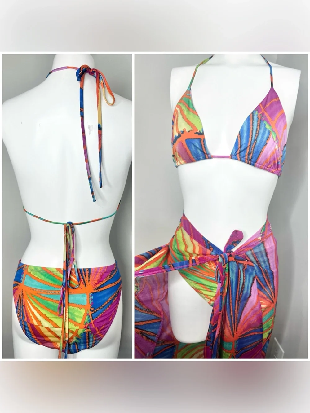 Fashion Nova Multicolor Shell-Print Triangle Bikini Top & Wrap Skirt Set-m
